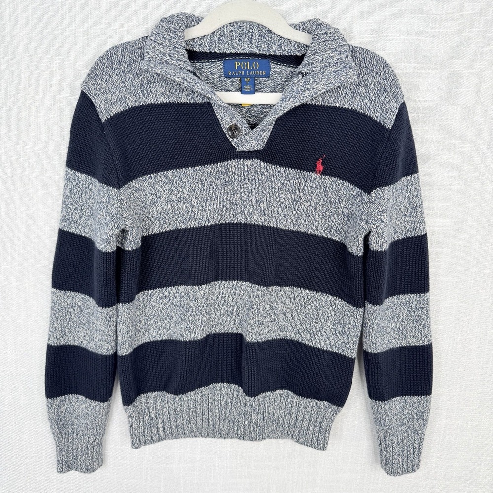Polo Ralph Lauren Boy's Navy BLUE Striped Mock Neck Button Sweater Size 8
